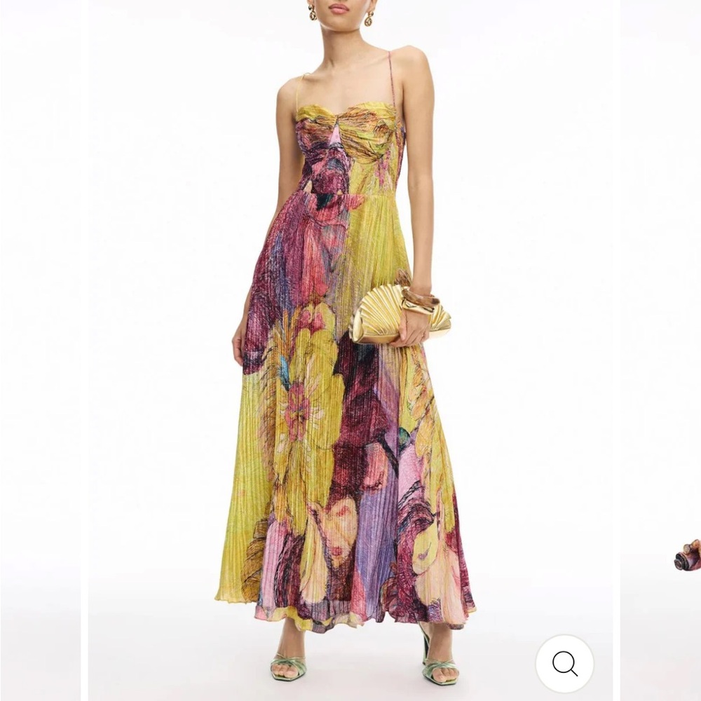 Floral Pleated Maxi Dress in Yellow and Pink